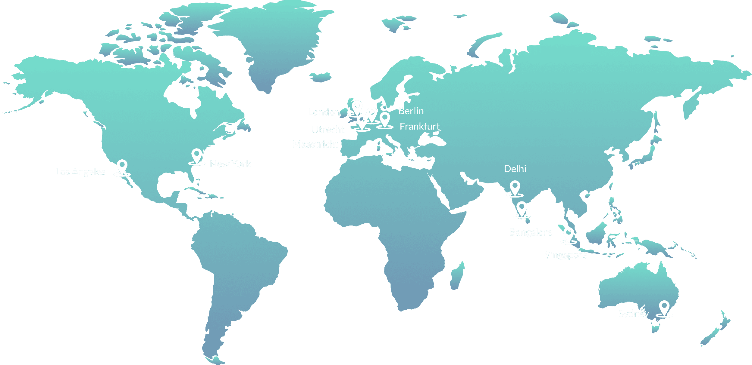 Map of the world with London, Berlin, Frankfurt, Utrecht, Maastricht, Delhi, Bangalore, Singapore, Sydney, Los Angeles and New York pinned