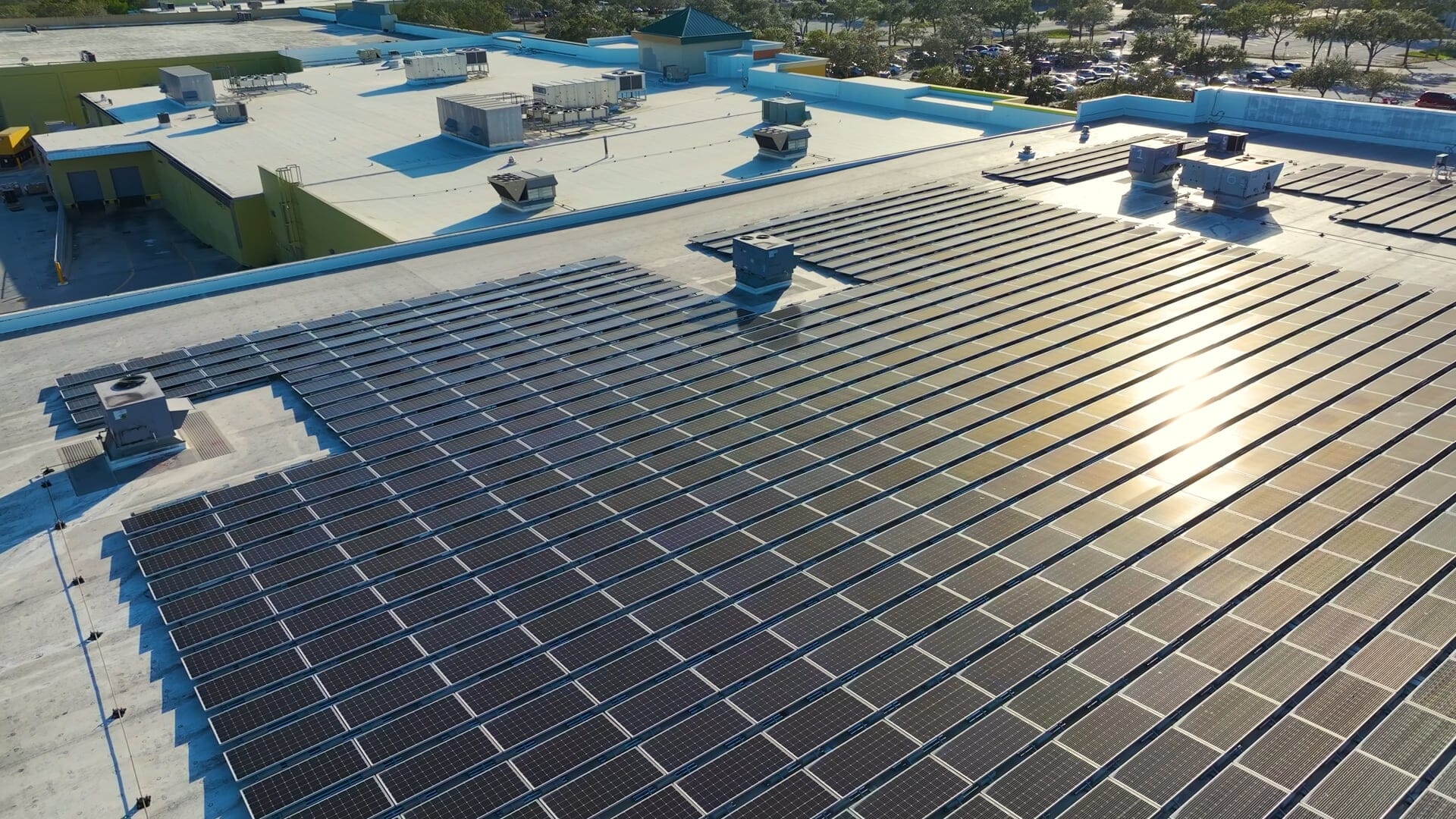 Multiple solar panels on a large commercial building