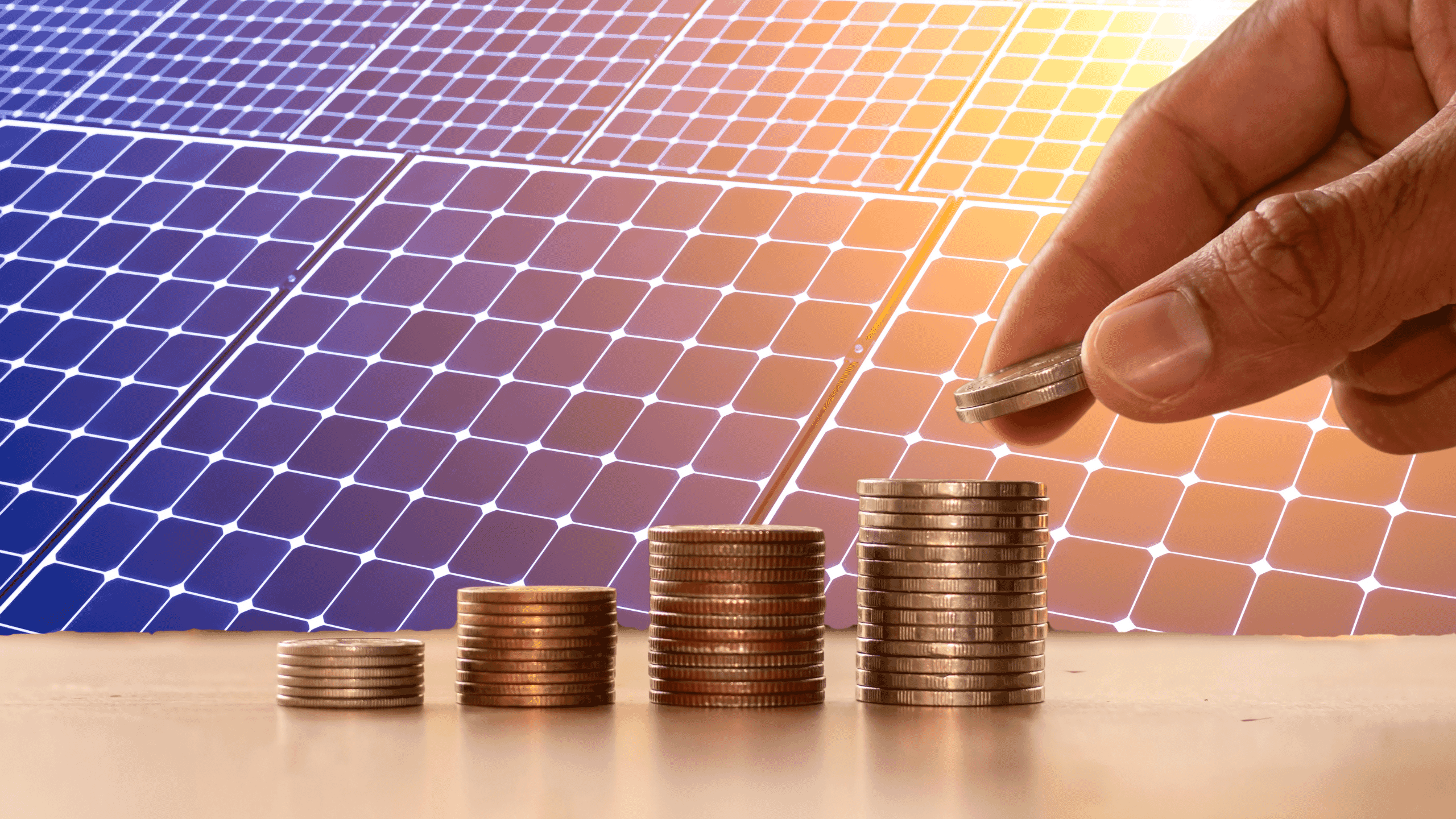 Image of a person stacking coins saved in the foreground, with solar panels in the background